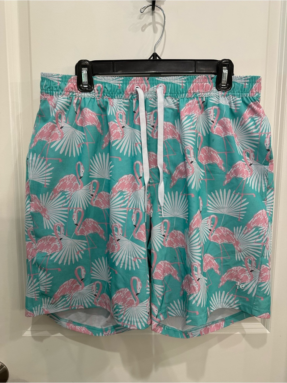 Tipsy Elves Teal Swim Trunks with Pink Flamingo Print